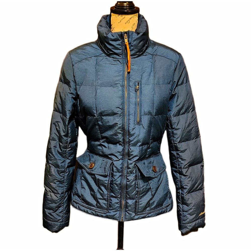 Eddie Bauer Womens Blue Down Puffer Jacket S Quilted Full Zip Pockets Belted